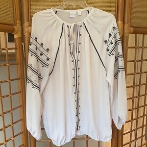 New York & Company Ivory Blouse with Black Embroidery